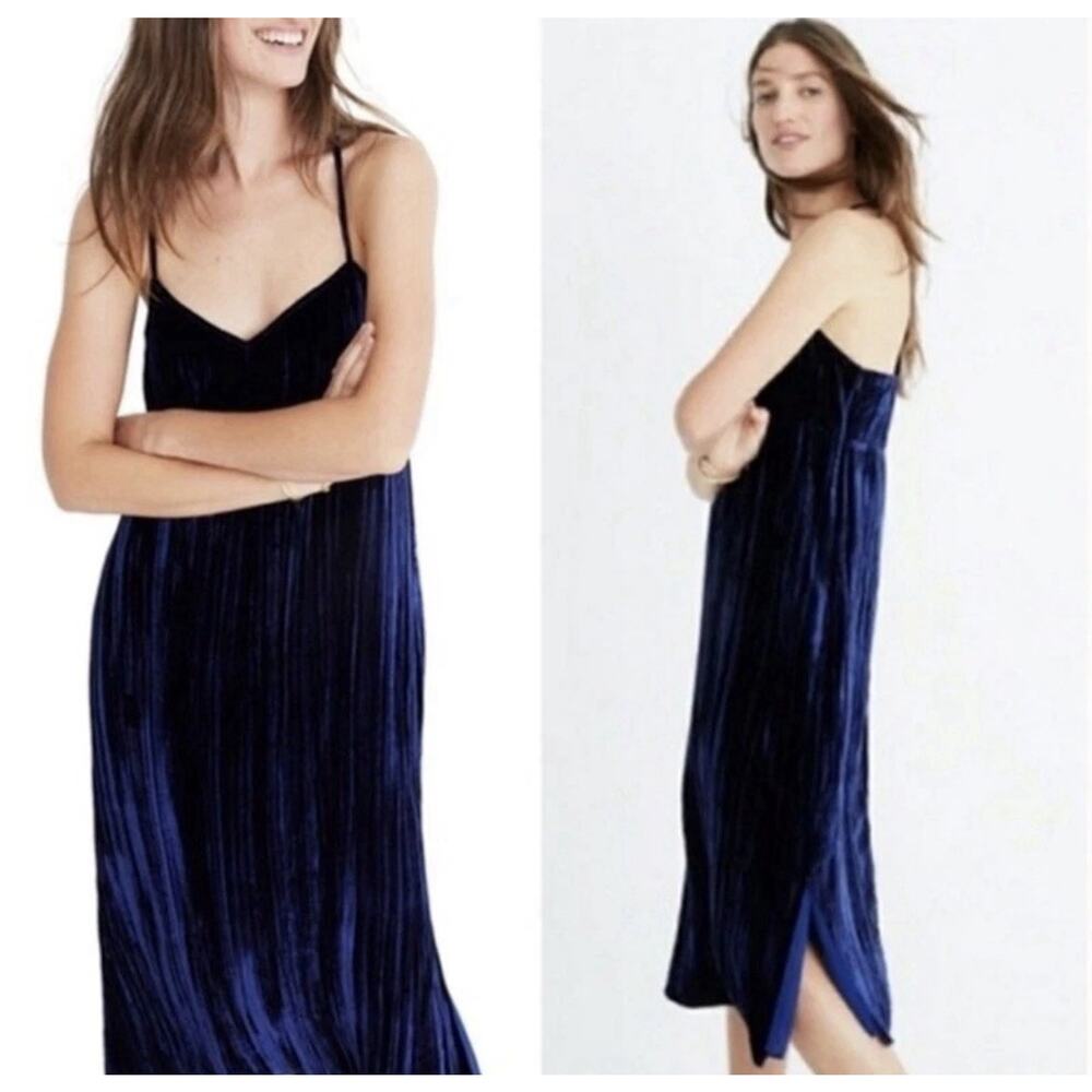 Madewell Crushed Velvet Slip Dress Womens Size S Silk Blend Blue Plissé